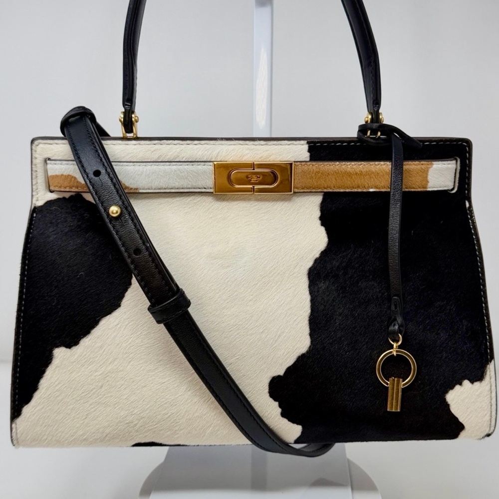 Tory Burch Lee Radziwill Calf Hair Satchel with a black and white print